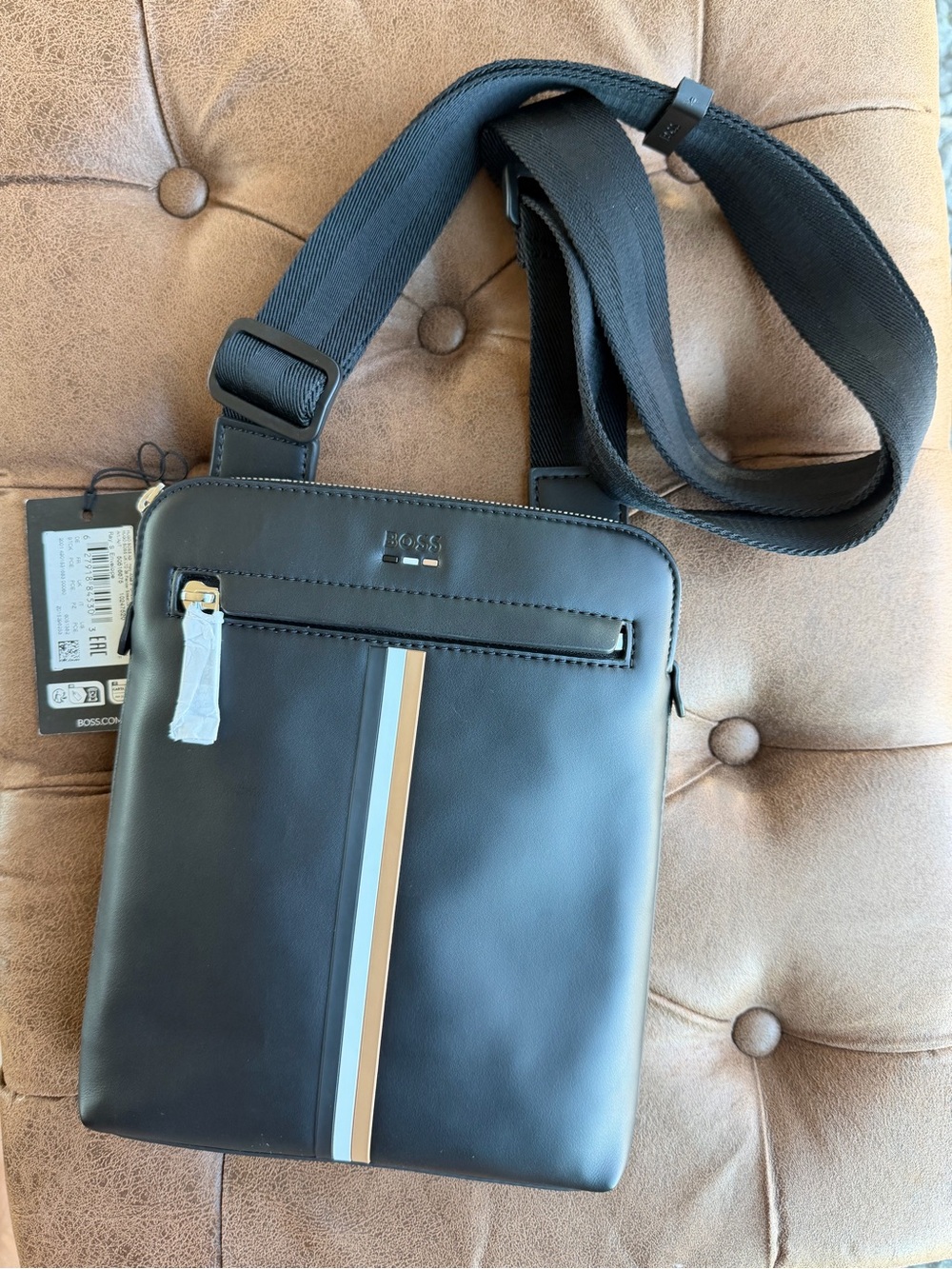 Boss Black Crossbody Messenger Bag with Tricolor Stripe